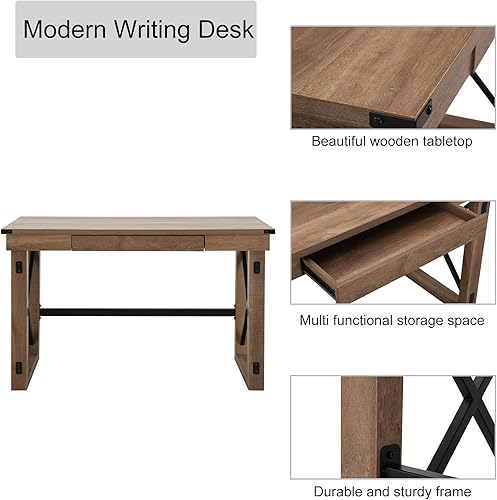 Miniatura 4 de LOKATSE HOME Muebles rústicos, mesa de computadora moderna y resistente para oficina en casa, escritorio de madera y metal con cajón