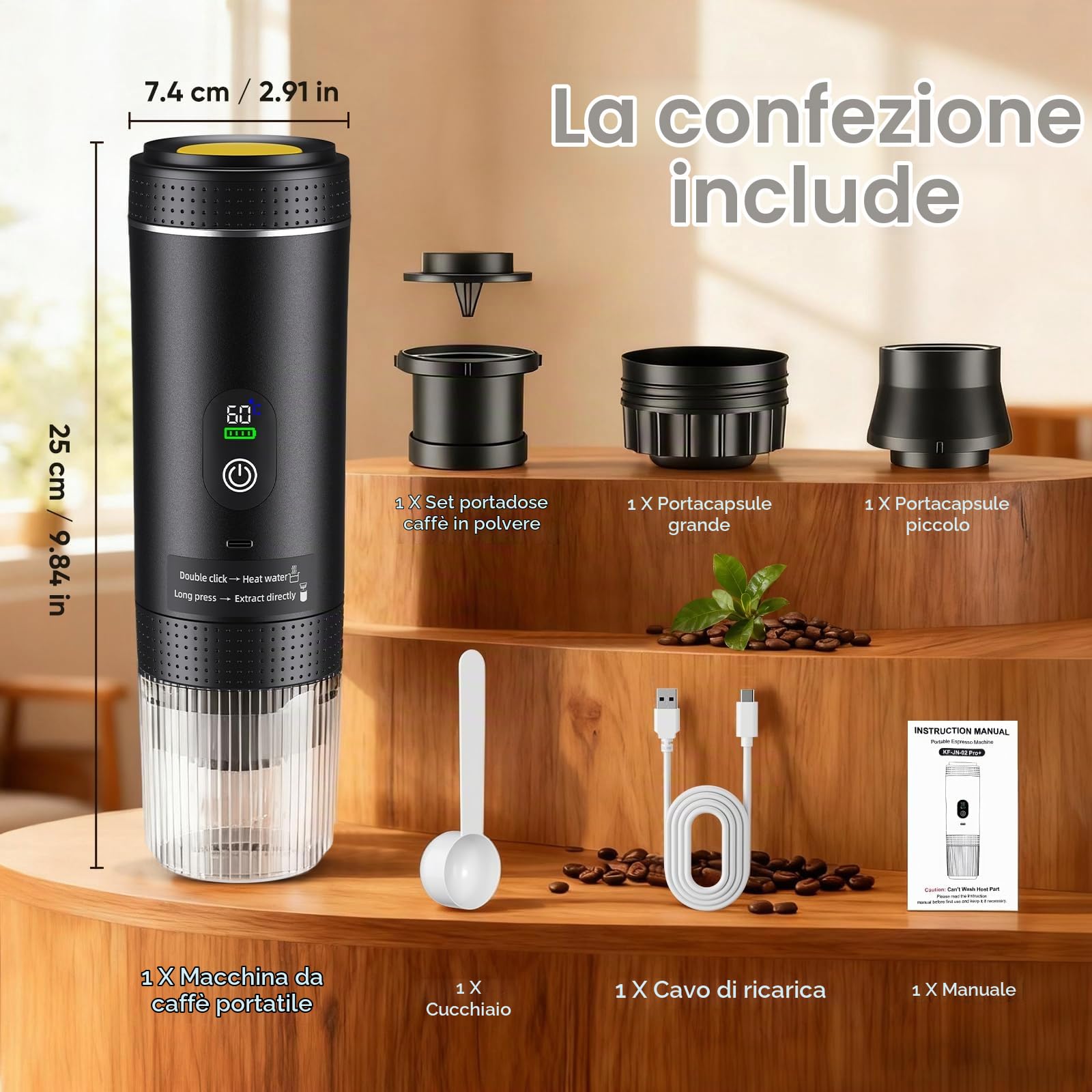 Macchina Caffe Portatile, Caffettiera Portatile 3-in-1 con batteria 7500 mAh,20 Bar, Autoriscaldante,USB-C,Piccola Macchina da Caffè 3 in 1 con Caffè Macinato e Capsule (NS & DG) per Camper