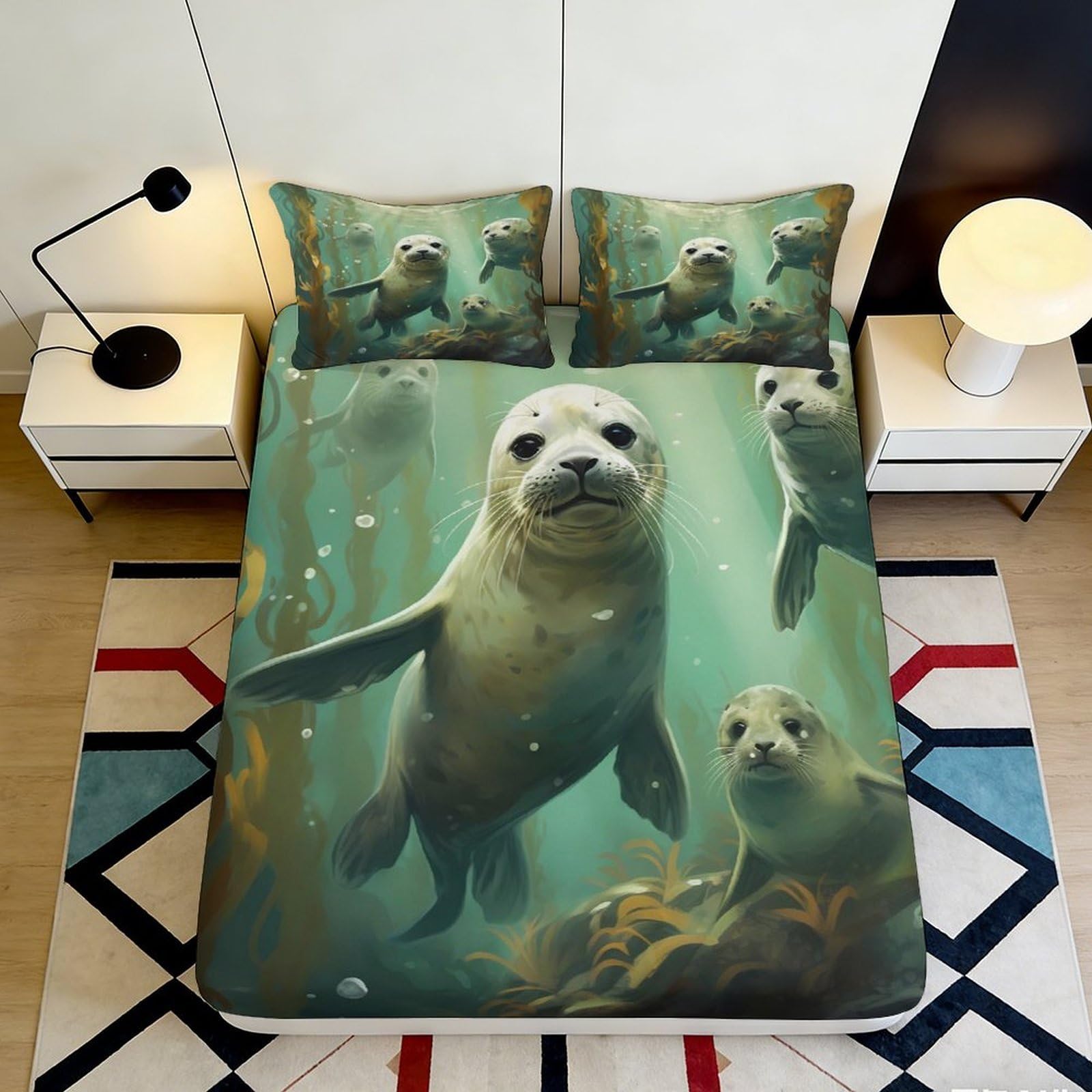 Jqzkxnhpbr Style-2 3D Printed Seal Ocean Fitted Sheet Microfiber Soft Breathable Underwater Scene Mattress Cover Bedroom Decor 90X200x25cm