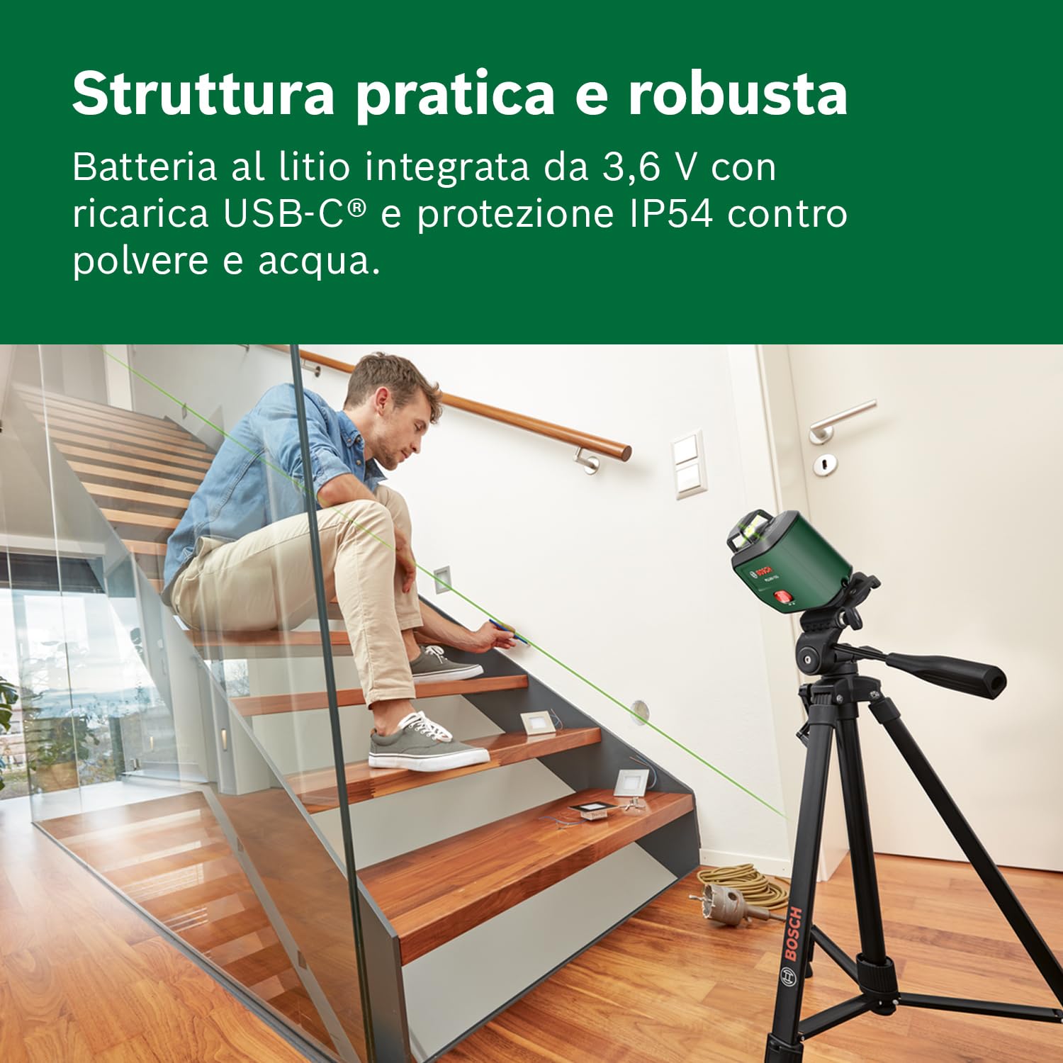 Bosch Livella Laser a Linee PLL360‑15G (linee laser verdi a 360°, IP54, batteria Li‑ion con ricarica USB‑C, incl. supporto TT120, custodia e manuale)