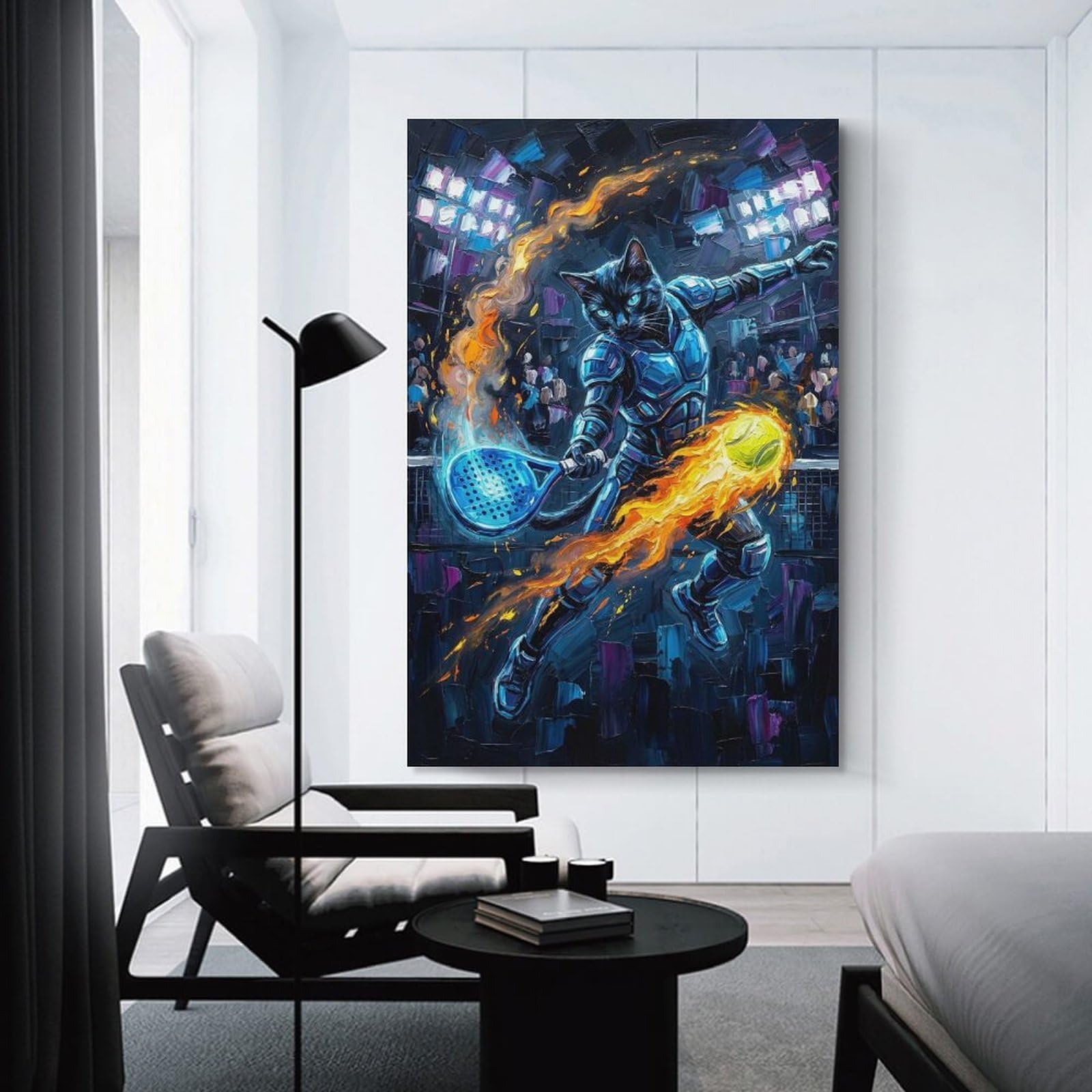 Junmoney Unframe-Style-6 Armored Cat Playing Padel With Fire Canvas Wall Art 24X36inch(60X90cm), For Workspace Walls, Study Corners Or Bedrooms, Wall Art That Adds Style To Work Areas