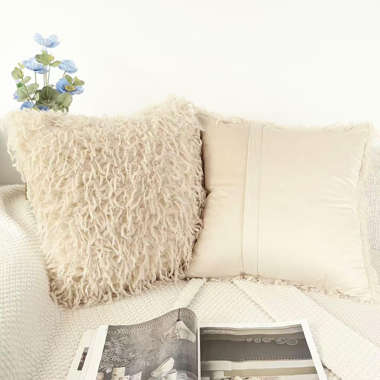 OYIMUA Faux Feather Throw Pillow Covers 20x20 Neutral Beige Set of 2 Fluffy Decorative Luxury Modern Pillow Covers for Couch Bed Living Room