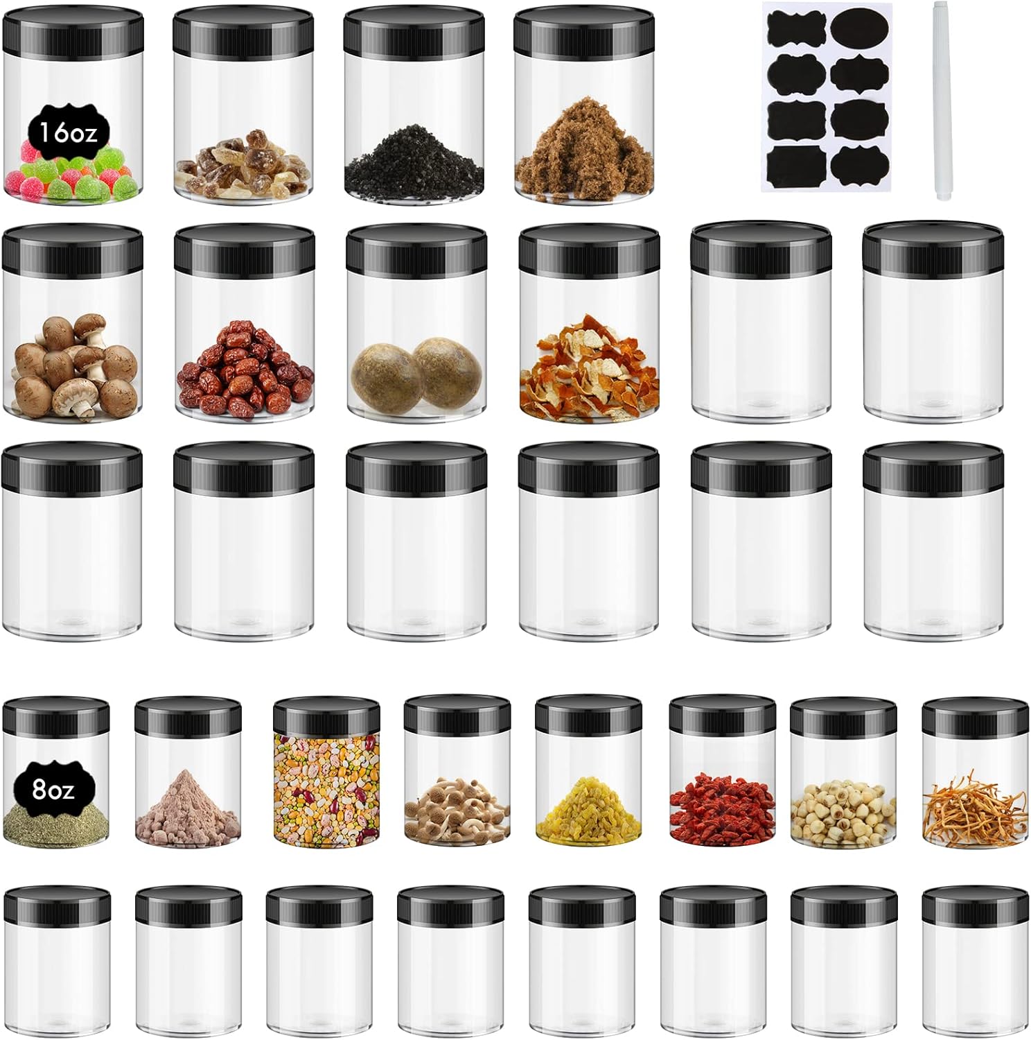 Plastic Jars With Lids 16 Pcs 16oz & 16 Pcs 8oz Airtight Container for Food Storage, Clear Plastic Jars Ideal For Dry Food, Peanut Butter, Honey Jam,Cosmetics, Cream, Bathroom and Storage(set of32) 8oz&16pcs/16oz&16pcs