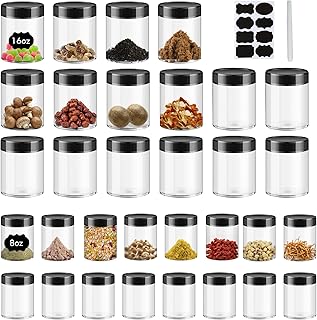 Plastic Jars With Lids 16 Pcs 16oz & 16 Pcs 8oz Airtight Container for Food Storage, Clear Plastic Jars Ideal For Dry Food, Peanut Butter, Honey Jam,Cosmetics, Cream, Bathroom and Storage(set of32)