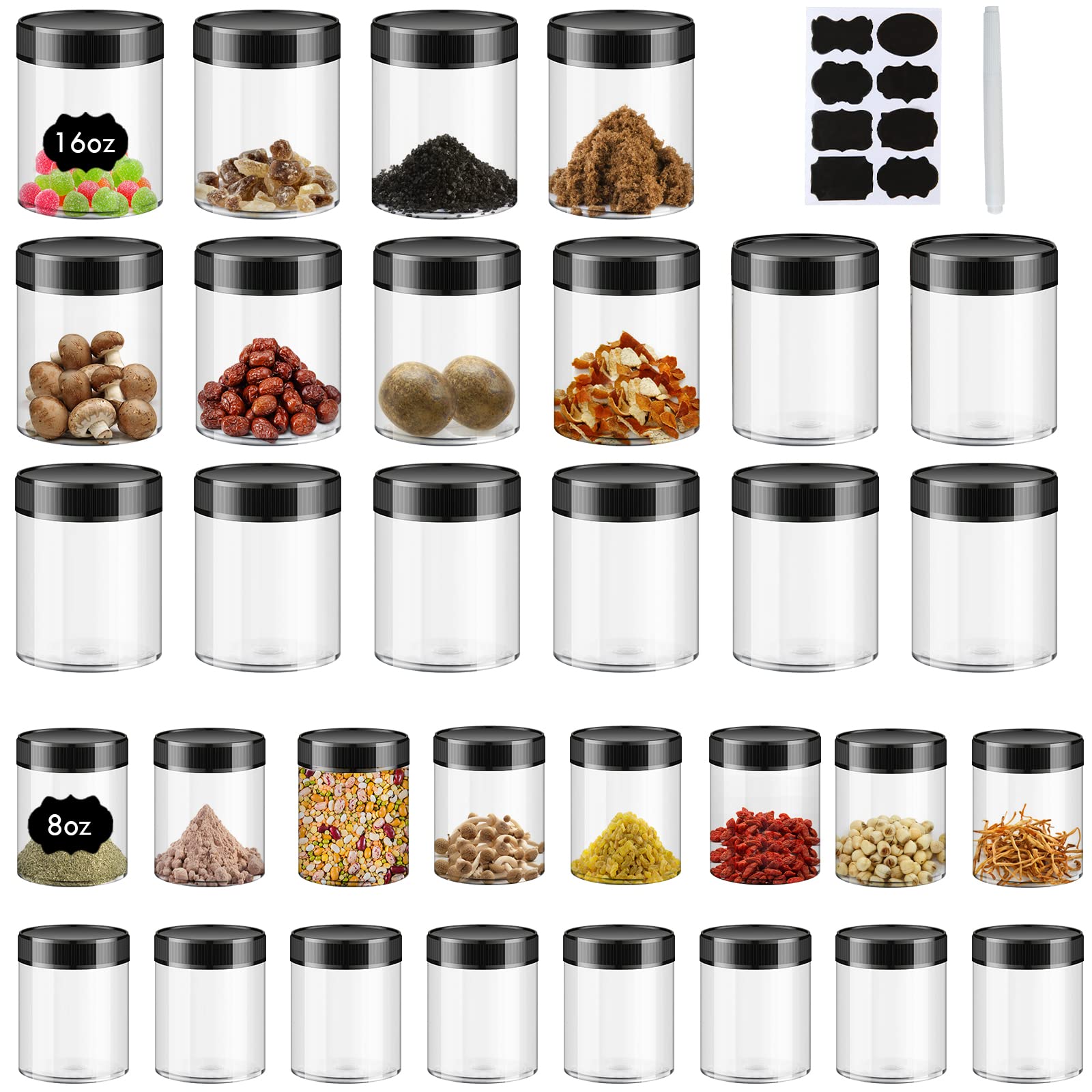Plastic Jars With Lids 16 Pcs 16oz & 16 Pcs 8oz Airtight Container for Food Storage, Clear Plastic Jars Ideal For Dry Food, Peanut Butter, Honey Jam,Cosmetics, Cream, Bathroom and Storage(set of32)
