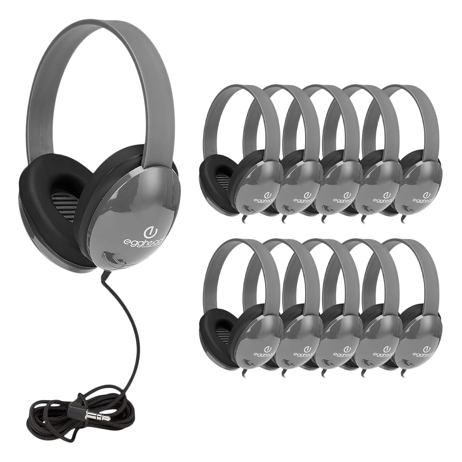Heavy-Duty Kids' Headphone w/ Tangle-Free Fabric Cord, Gray, 10 pack