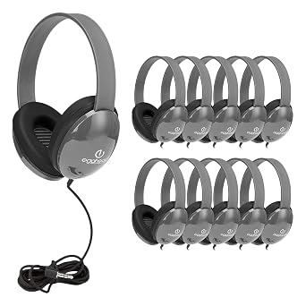 Heavy-Duty Kids Headphone w/ Tangle-Free Fabric Cord, Gray, 10 pack