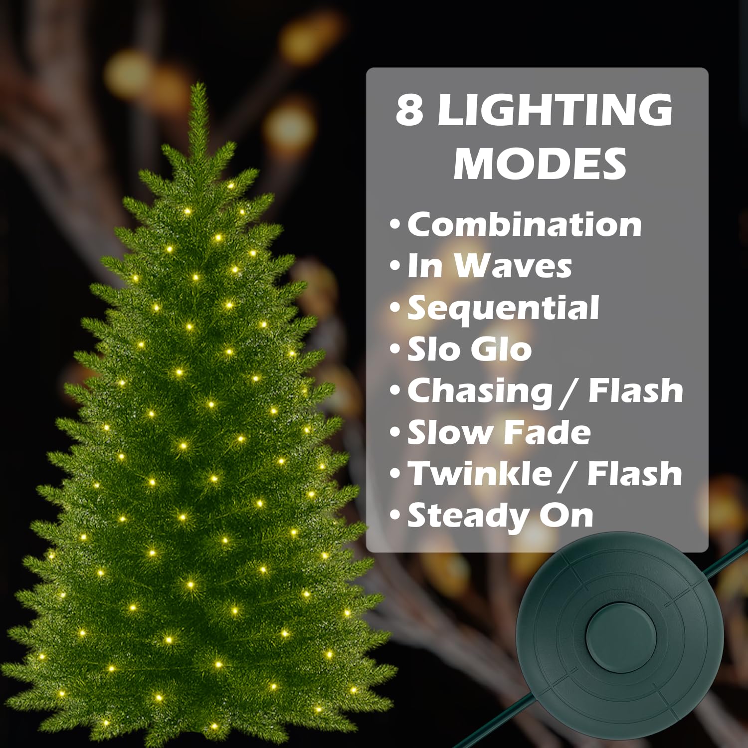 Goodsby 8 Lights Mode Power Cord 6 FT On/Off Foot Switch Compatible Replacement for Christmas X-Mas Tree Lights, Holiday Lighting, LED String Light Raintight 5/8 inch Connector Indoor (8 Lights Modes)