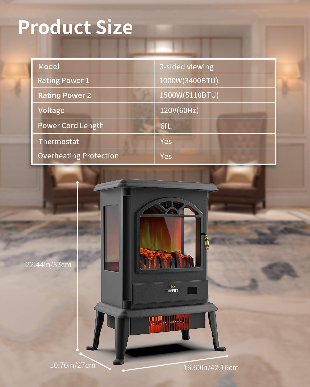 KUPPET Electric Fireplace Freestanding Stove 1000 W / 1500 W Portable  Interior Heating with 3-Sided Fire, Child Safety, Large LED Display, Timer  : Amazon.co.uk: Large Appliances
