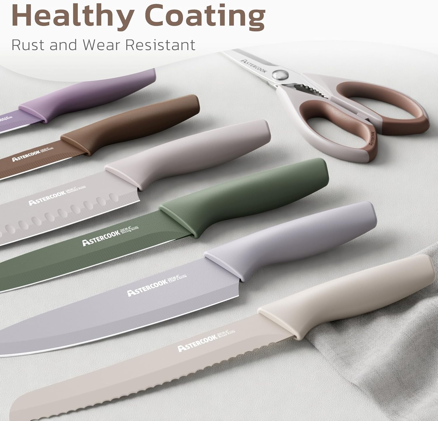 Astercook Knife Set, 13 Pieces Kitchen Knives Set with Healthy Anti-Rust Coating, Dishwasher Safe, Stainless Steel Chef Knife Sets with 6 Blade Guards, Perfect Holiday Gifts for Kitchen Morandi