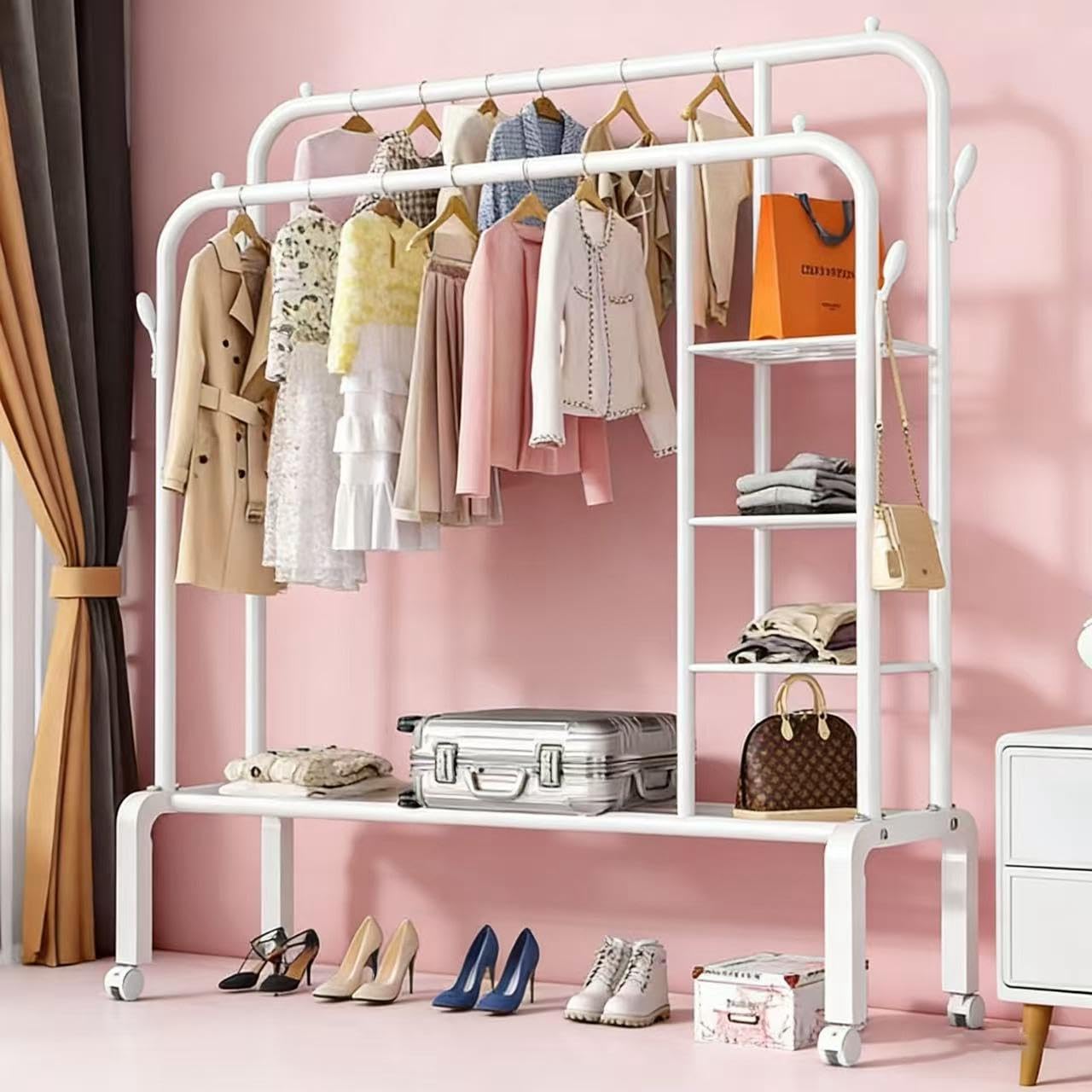HomeCloud Cloth Drying Stand | Multipurpose Dual Rod + Wheels Garments Rack with Bottom Shelf for Coat Hanger Home, Storage Organizer 1pc, (150 * 135 * 51cm)(White_Shelves, Steel)-image-27