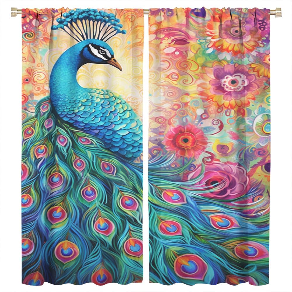 Gorgeous Peacock Blackout Window Curtains Vintage Floral Animal Feathers Rod Pocket Curtains for Bedroom Thermal Insulating Drapes for Living Room 2 Panels, Each 21 W x 45 L inch