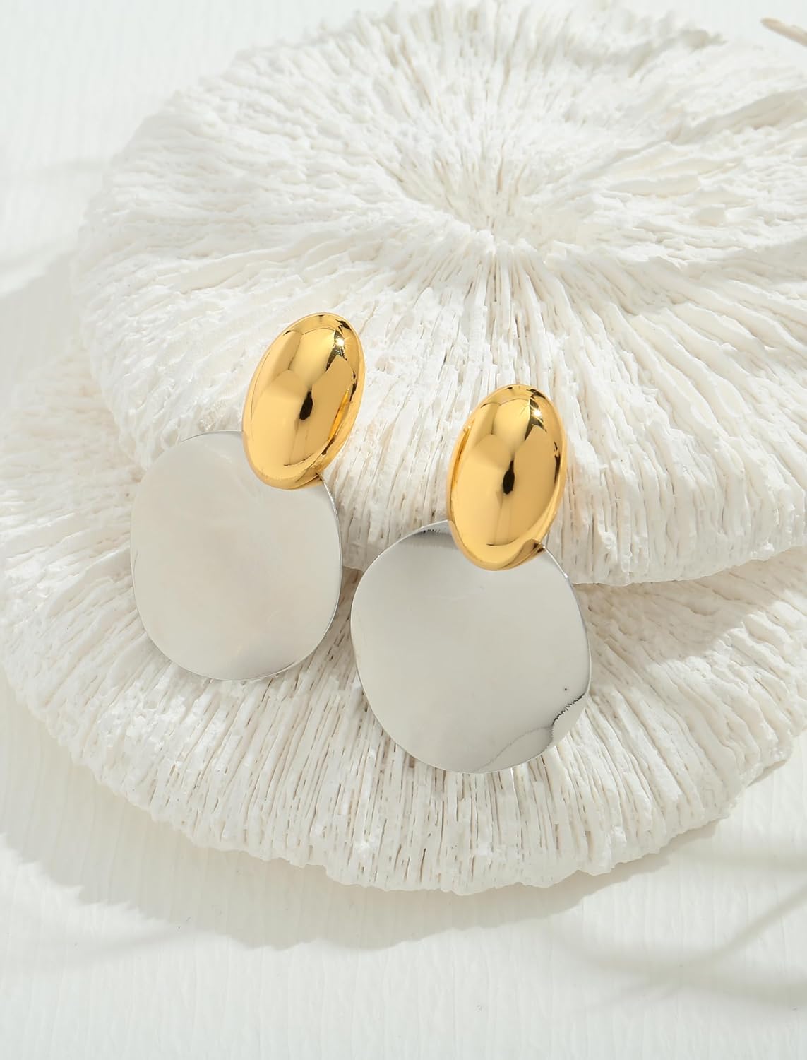 Gold and Silver Earrings Big Smooth Round Studs Two Tone Disc Dangle Statement Earrings for Women Trendy Two Tone Jewelry - Image 4