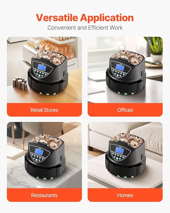 VEVOR Upgraded Coin Counter, Coin Sorter and Wrapper Machine with Handle, Intuitive Large Display, Change Counter for USD Coins 1 5 10 25 $1, Sorts up to 300 Coins/Min, with 5 Coin Tubes & 5 Trays