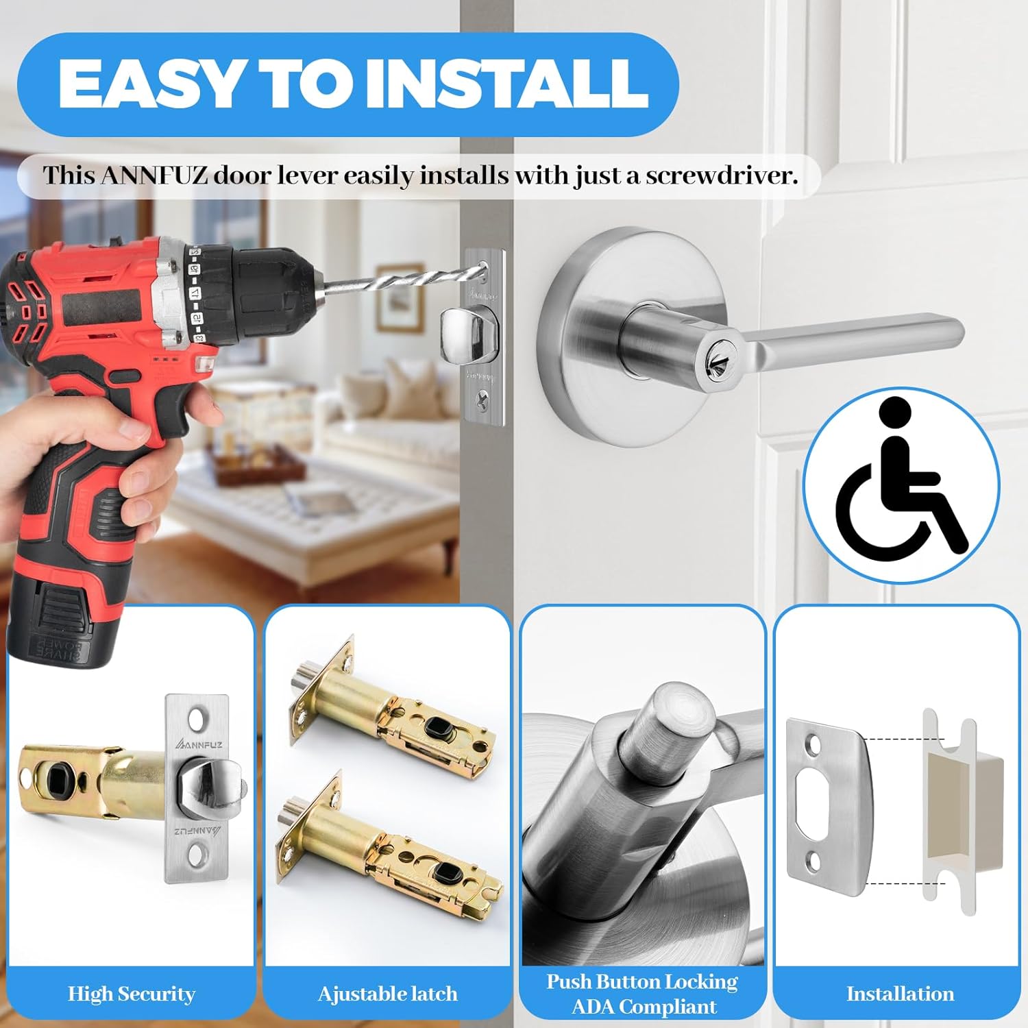 Entry Round Push Button One-Touch Locking Door Handle with Keys,Interior Non-Handed Opening,Reversible Left Right Door Knob,ADA-Compliant,Entrance Lever Lock for Office,Bedroom,Bathroom