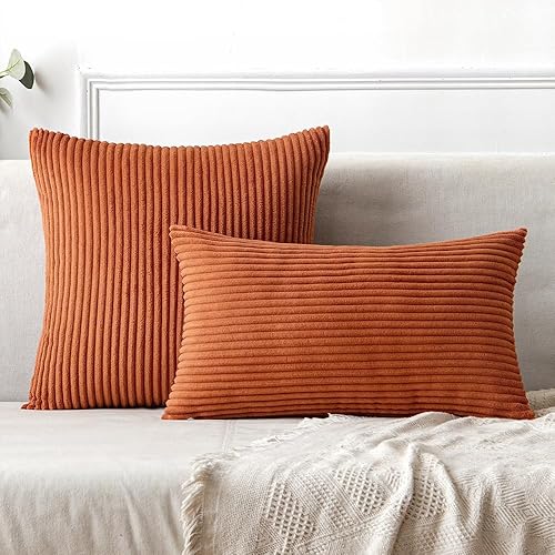Miniatura 4 de Woaboy Paquete de 2 fundas de almohada de pana de 18 x 18 pulgadas, súper suaves, bohemias, a rayas, color óxido, decoración del hogar para sofá de