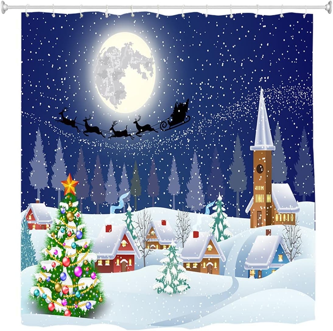 Mimihome Christmas Shower Curtain, Xmas Trees Winter Landscape Moon Night Waterproof Bath Curtains Bathroom, 72 Inch by 72 Inch, Colorful