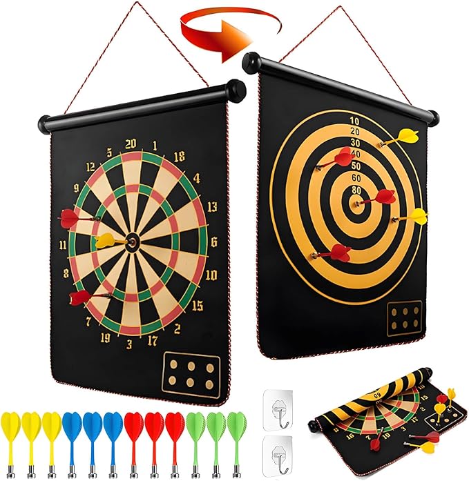DxxD Dartscheibe Magnetisch Junge Spielzeug, 38cm Dart Wurf Spiel Scheibe Klett Sichere doppelseitige Dartscheibenset für drinnen und draußen, Geburtstags Geschenk Party Spiel für Kinder Erwachsene