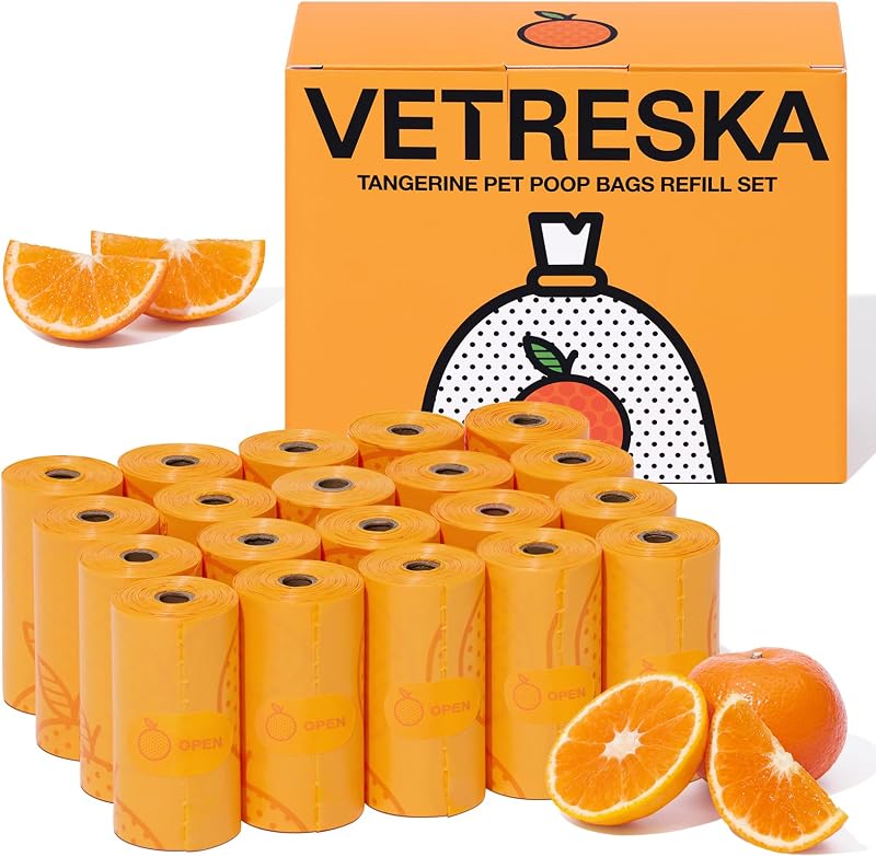 VETRESKA Citrus Scented Dog Poop Bags, 300 Counts, Leak Proof | Extra Thick and Large Pet Waste Bags for Dogs Walking and Cat Litter, 20 Refill Rolls