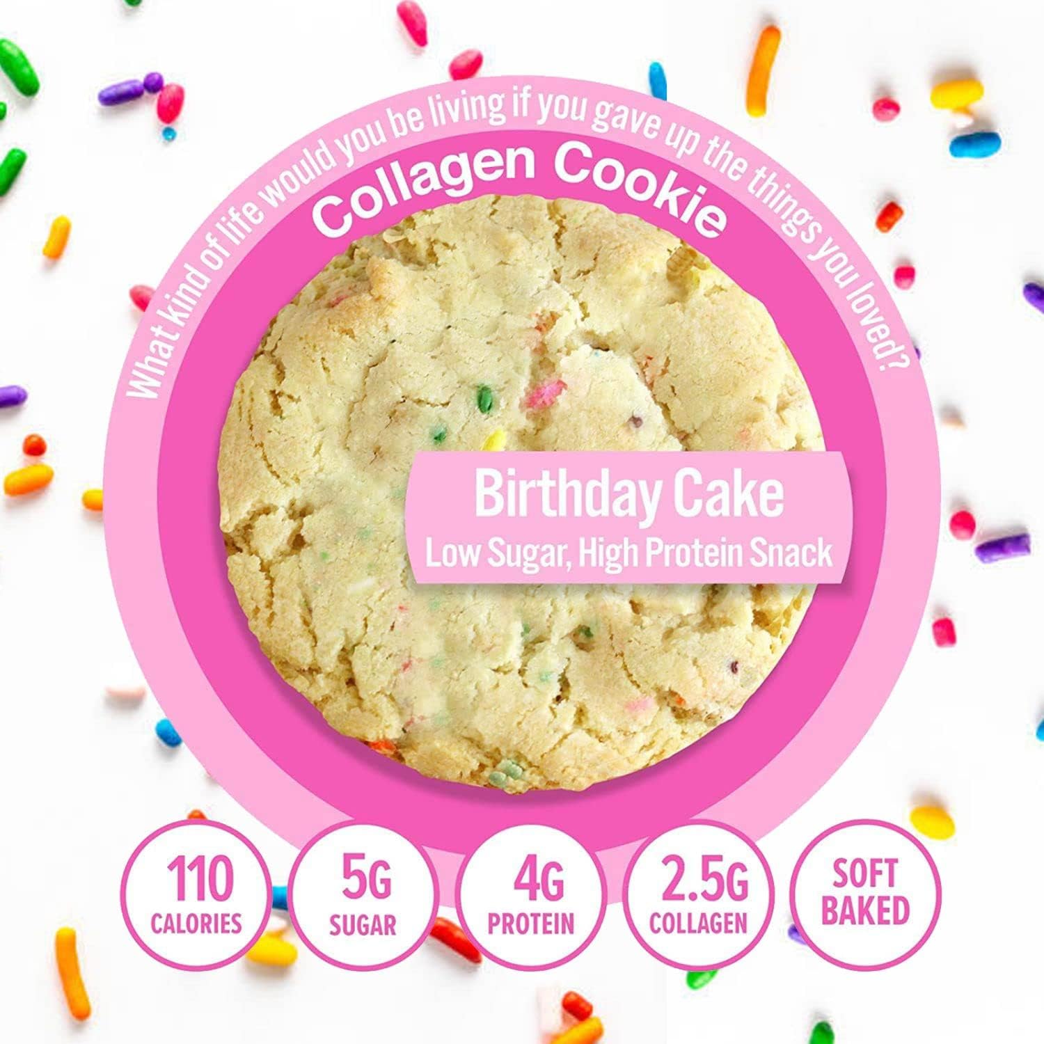 321glo Collagen Protein Cookies, Soft-Baked Cookies, Low Carb and Keto Friendly Treats for Women, Men, and Kids (6-PACK, Birthday Cake)