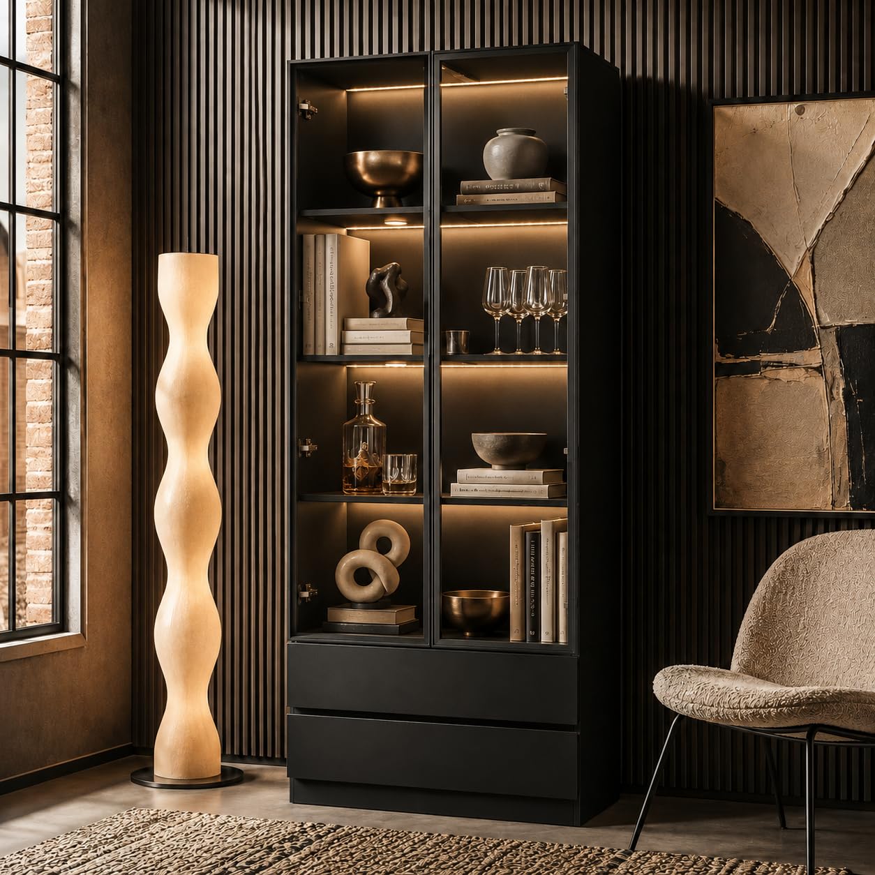 Vitrine, Vitrinenschrank,2 Türen 2 Schubladen Schwarzglas Vitrine für Wohnzimmer, Esszimmer, Büro, Küche, 80 * 36 * 200cm, MDF, Schwarz
