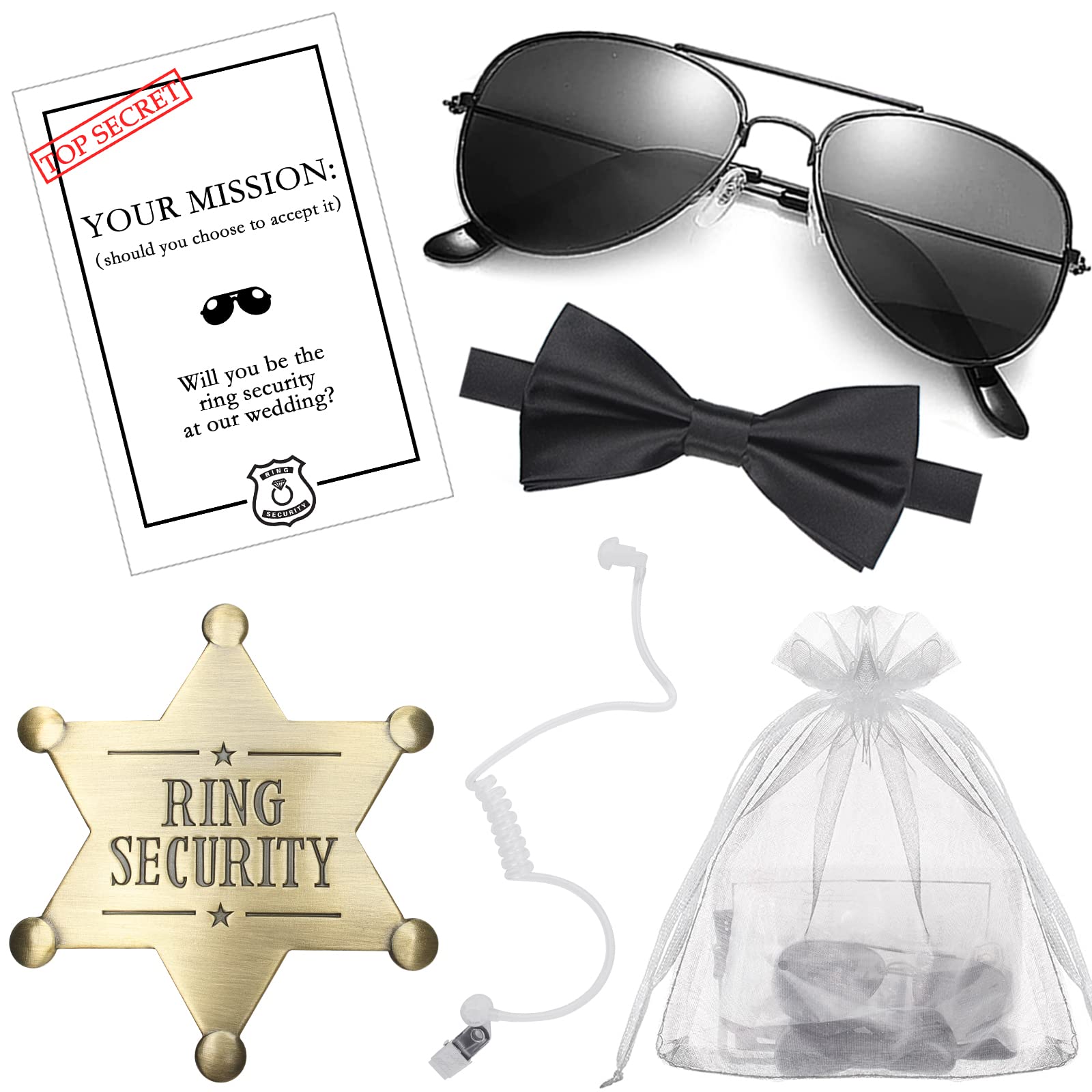DONSAJI Ring Security Wedding Set - Bow Tie, Badge, Sunglasses, Earpiece, Proposal Card for Kids (1 Set)