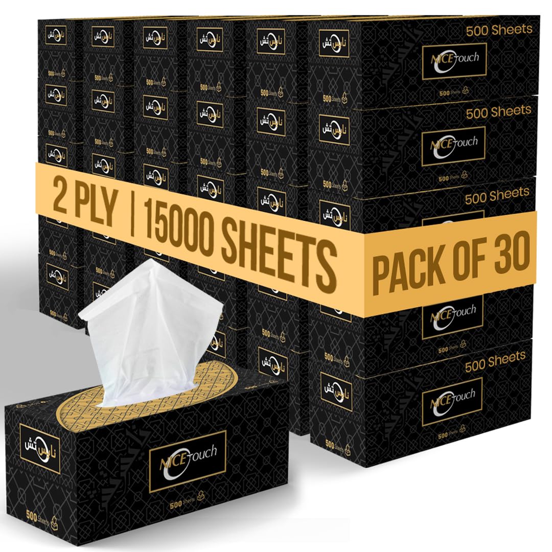 Facial Tissue Boxes, 1 Ply x 30 Black Tissue Saving Packs of 500 Sheets each, Soft Feel Tissue Suitable for All Skin Types and Germ Protection