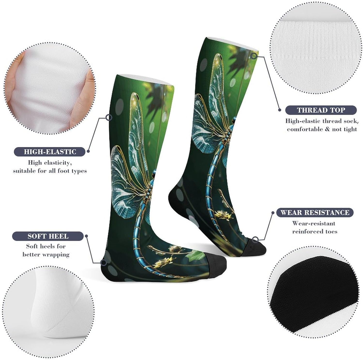 Dragonfly Green Compression Sock Circulation Support Socks Lightweight Knee High Tube Sock Over-The-Calf Sock for Adult
