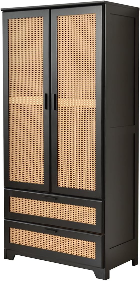 Pine Wood Closet with Rattan Doors and Two Drawers (Black)