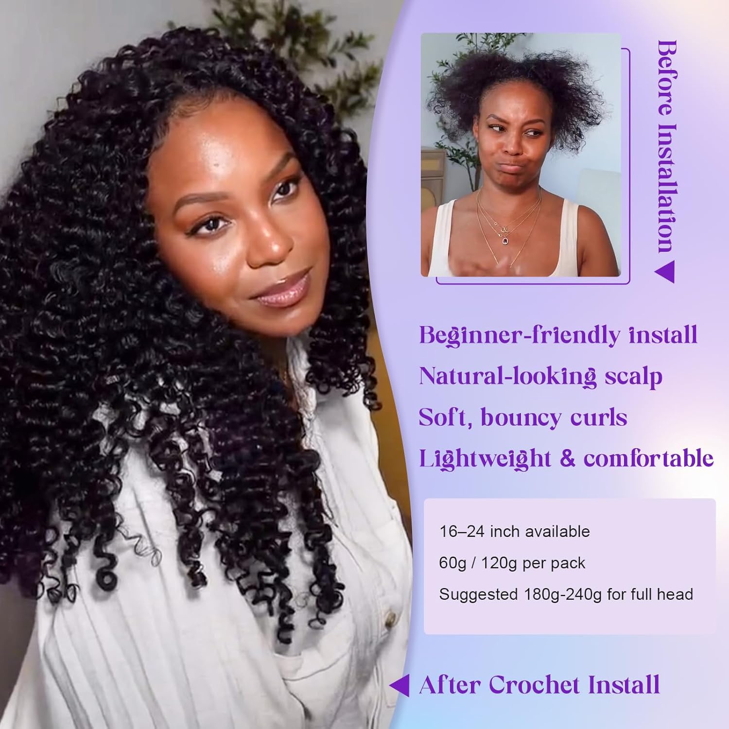 Feather Crochet Human Hair Burmese Curly Crochet Hair for Black Women Knotless Pre-Separated Lightweight Miracle Knots Crochet Human Hair 100% Real Human Hair Bundles Soft Reusable 18inch 60g