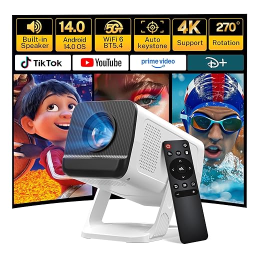Mini Projector with WiFi 6 and Bluetooth 5.4 Built-in Apps for Bedroom Portable Projector Android 14 Smart Auto Keystone 1080P 4K Support Compatible with iOS/HDMI/TV Stick VisualCube 300 White