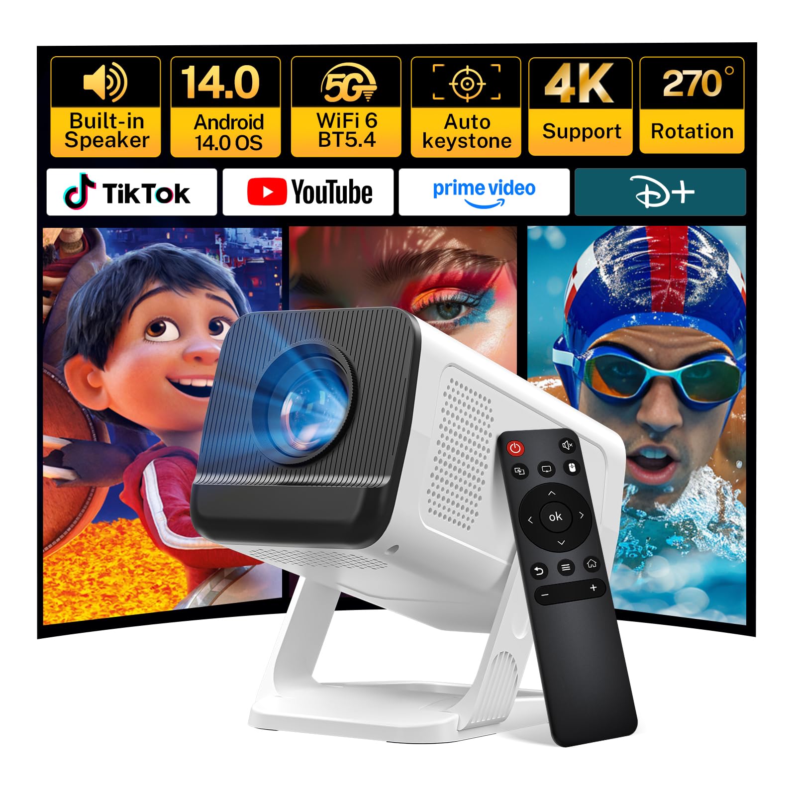 [App Integrate & Android 14] Mini Proiettore con WiFi 6 5G e Bluetooth 5.4, Supporto 4K 1080P Full HD, Correzione Trapezoidale Automatica, Proiettore Portatile Ruotabile di 270°, LYNCAST