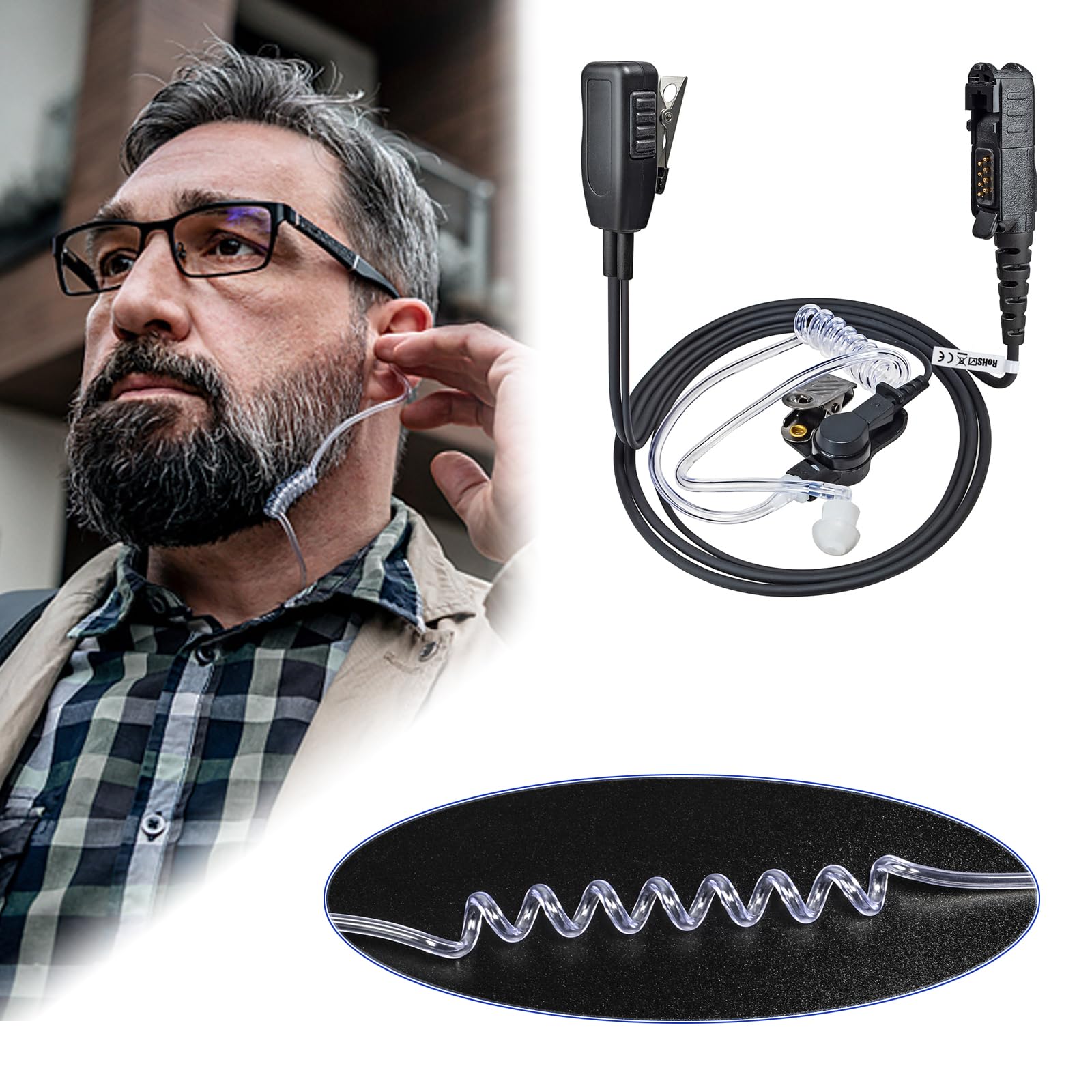 HYS Auricolare compatibile con Motorola Multi-Pin Radio DP2000 DP2400 DP2600 DP3441 DEP550 XPR3300 MTP3250 XiR P6600 Walkie Talkie, con microfono, tubo d'aria acustico nascosto (Tipo 1)