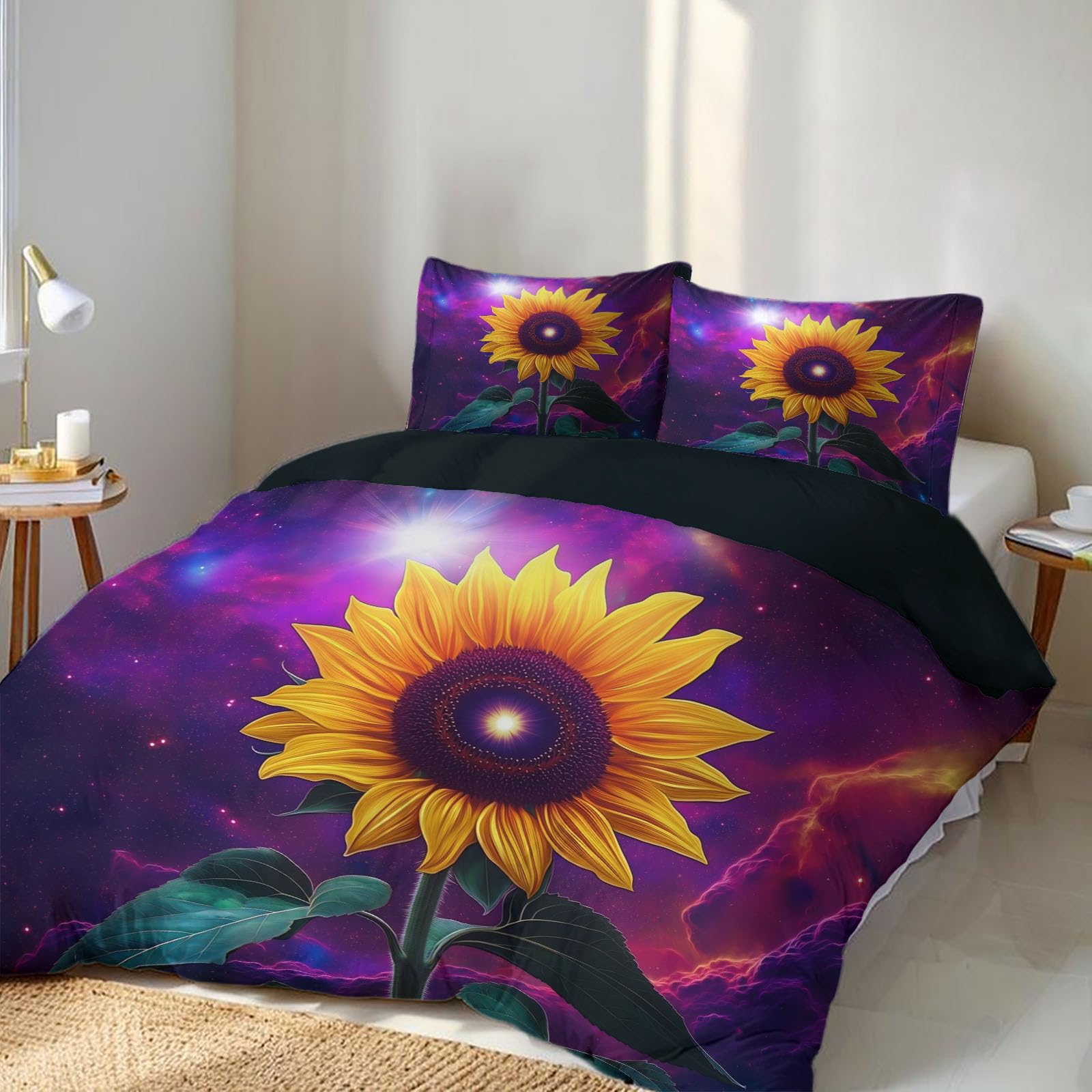 Housse de Couette 220x240 Espace et Tournesol Violet pour Chambre Parentale Cosy
