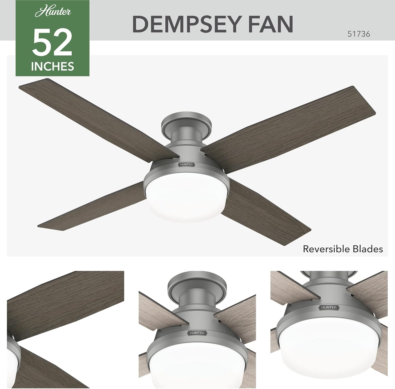 Hunter 52 inch Indoor Ceiling Fan with LED Light and Remote Control - Modern Ceiling Fan, Low Profile Mount, 4 Blades, For Bedroom, Living Room, or Kitchen, Quiet - Dempsey 51736, Matte Silver
