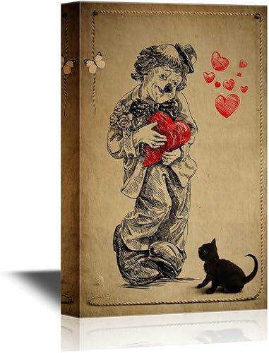 wall26 - Arte de pared en lienzo de estilo retro - Payaso con corazones rojos - Arte moderno con estampado giclée de estilo vintage, arte moderno