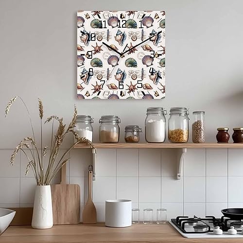 Miniatura 9 de Debedcor Ocean Beach Wooden Wall Clock Silent Non Ticking, Starfish Seashell Conch Black and White Square Wall Clock Battery Operated, Decor Clock