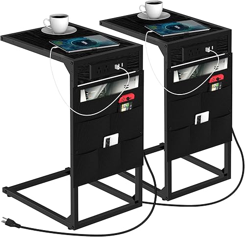 CADUKE Juego de 2 bandejas de TV, mesa auxiliar en forma de C con estación de carga, mesas de sofá que se deslizan debajo con 3 puertos USB y tomas,