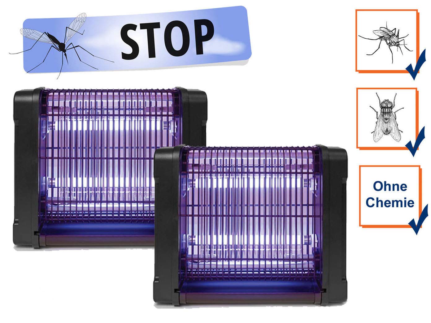 Perel 2er Set elektrische Stechmückenfallen, 360° Insektenvernichter mit UV Licht, Lampen für Räume bis jeweils 30m²