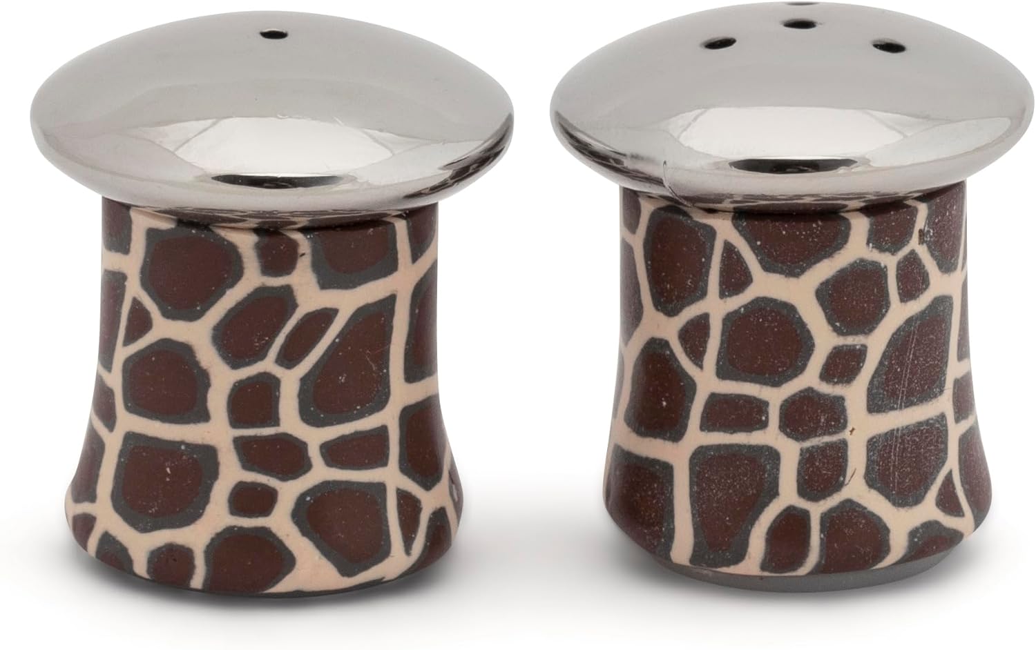 Salt and pepper set, silver-plated, organic African pattern made from clay, matching and compact set, aesthetic utensils ideal for gift giving, packaged in a wooden gift-box. (Dark giraffe)