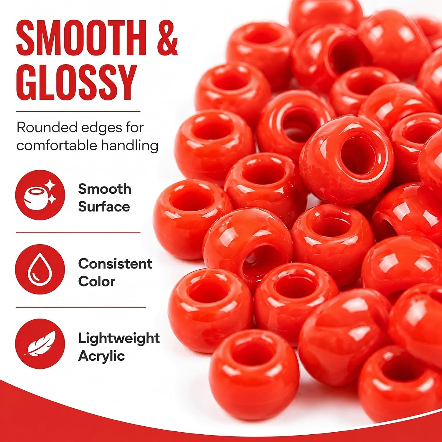 Sukh 1000+ Pcs Pony Beads - 6x9mm Red Color Pony Beads Bulk for Bracelets Making Necklace Hair Bead Braids Key Chain Making DIY Project Crafts Ornaments Decorations