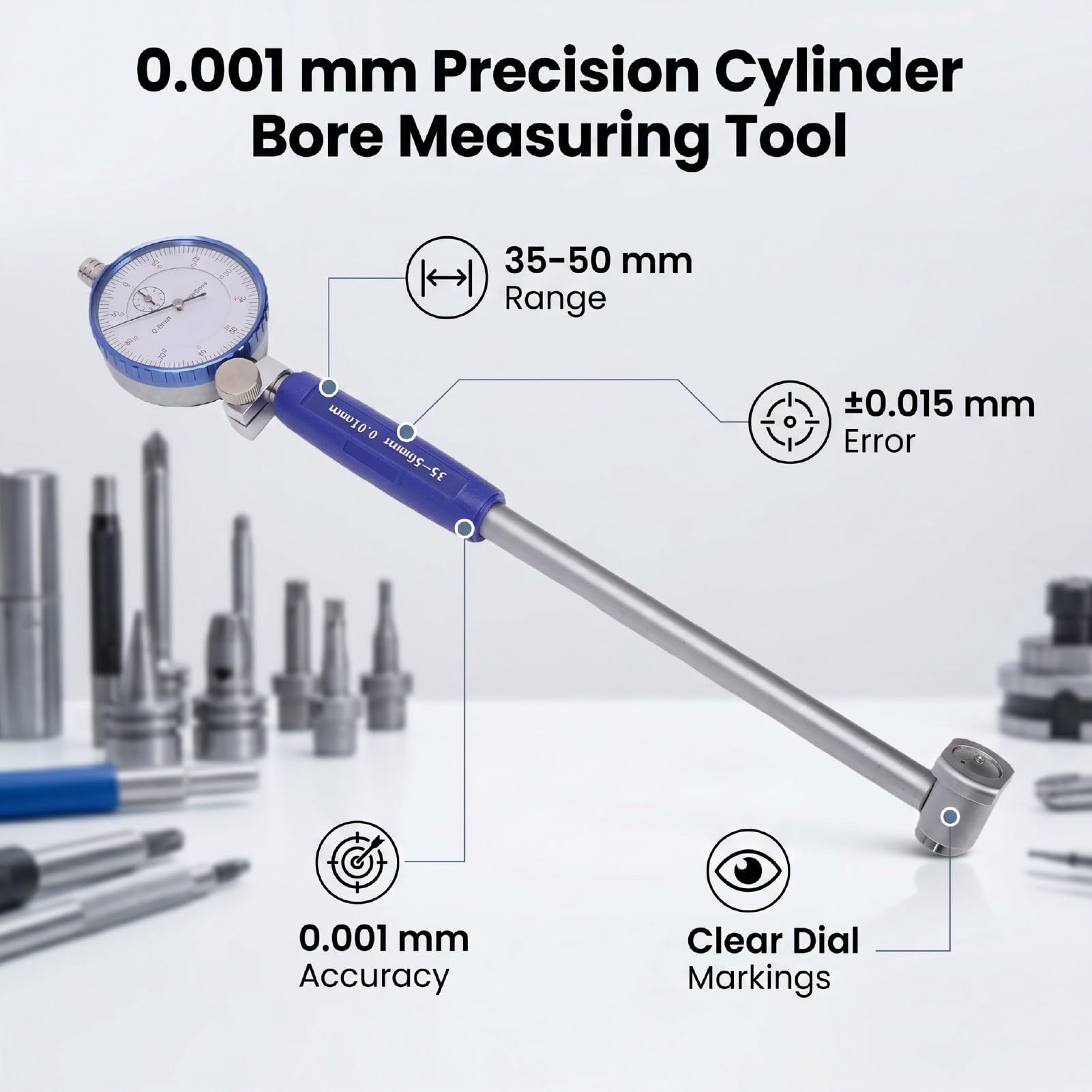 Fafeicy Calibro del Quadrante 35-50 Mm Precisione 0,001 Mm | Valore di divisione da 0,01 mm, strumento di misurazione del foro del cilindro con feedback a tre punti per la