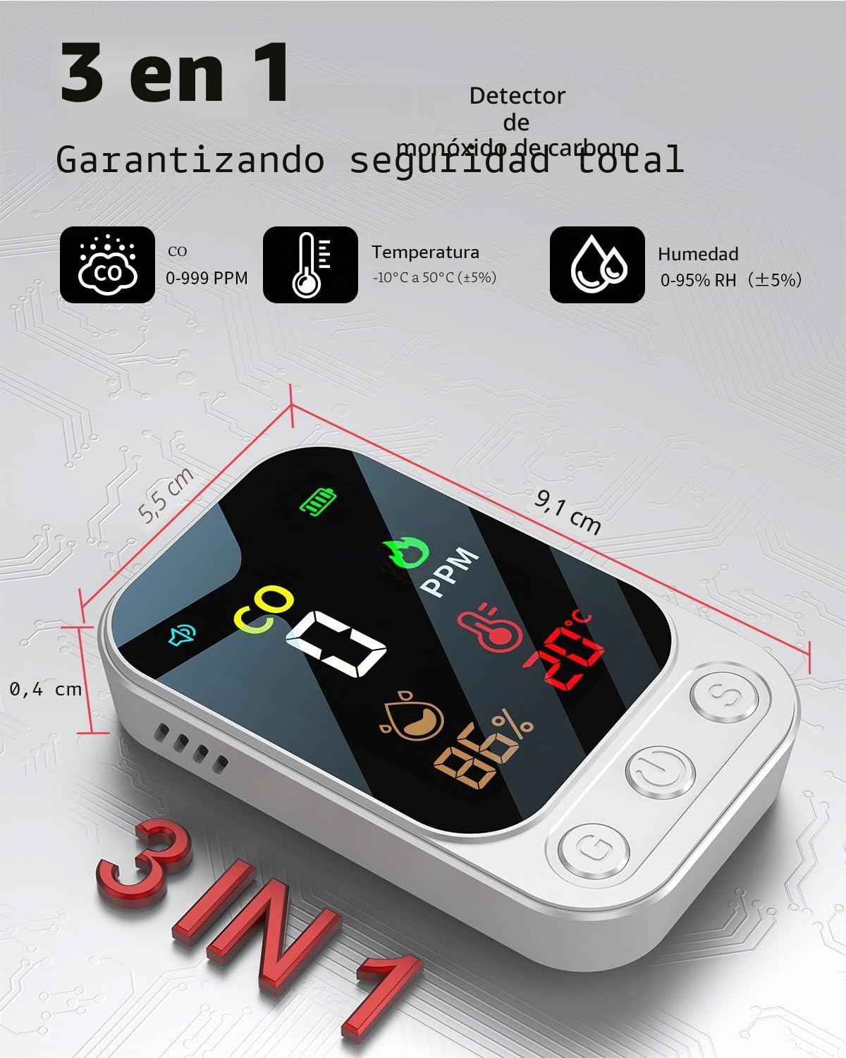 Detector de monóxido de carbono portátil 3 en 1, detector de monóxido de carbono recargable con indicador de temperatura y humedad, portátil para el hogar, caravana, camping (blanco)
