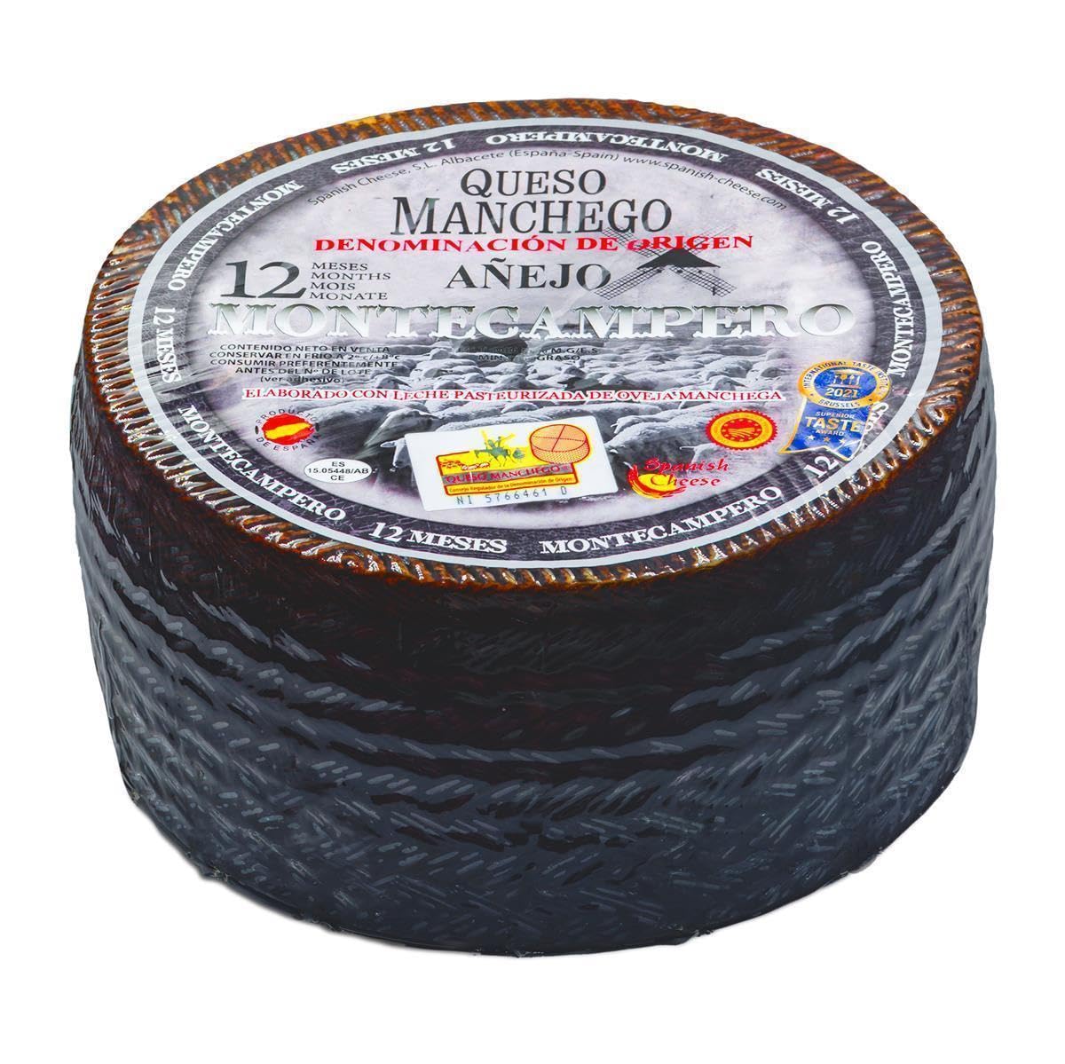 Montecampero QUESO MANCHEGO Añejo - 1x 3kg - spanischer Schafs-Käse, 12 Monate gereift, D.O. PDO Hartkäse aus La Mancha, passt zu Tapas Rioja-Tempranillo-Verdejo-Rotwein & Käseplatte