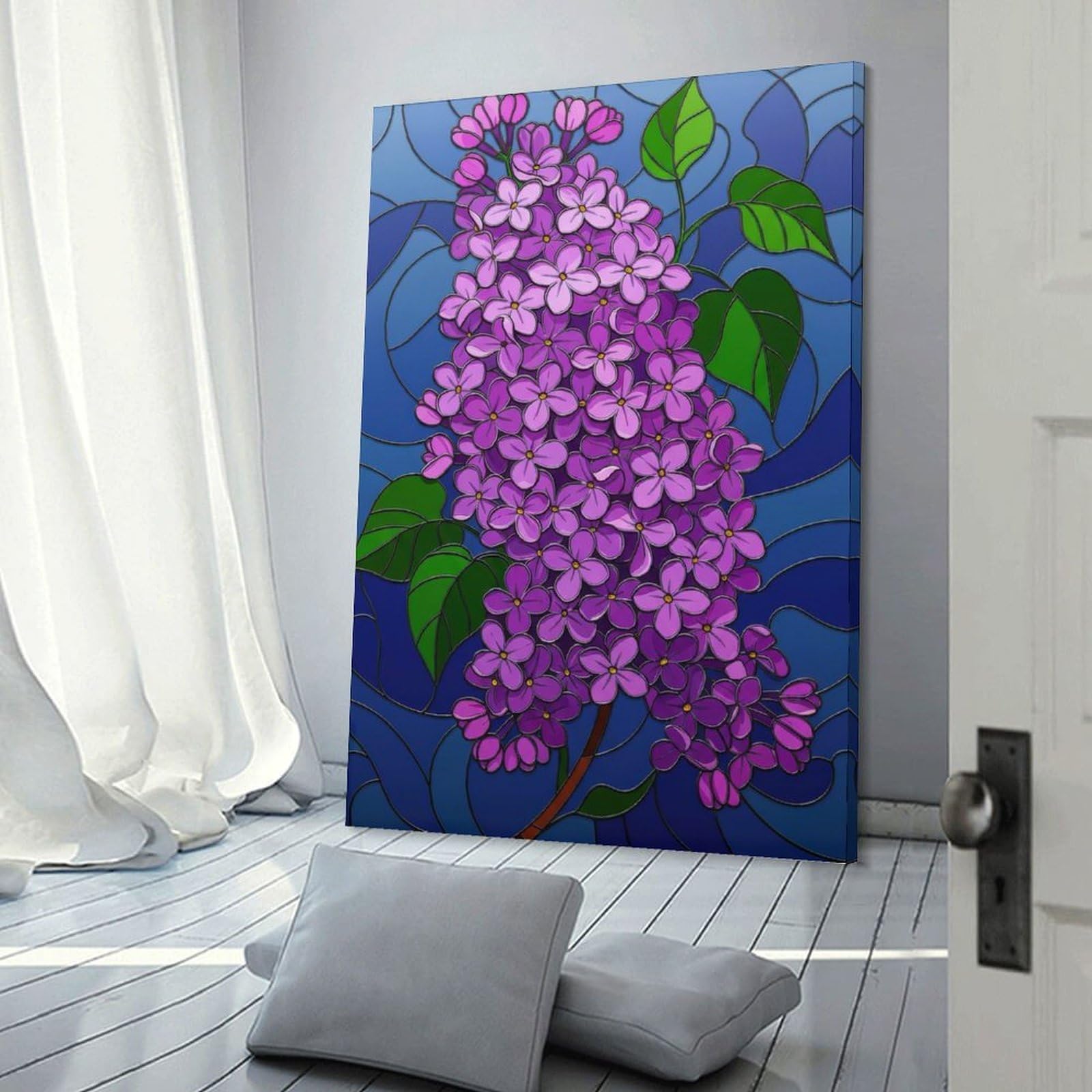 Junmoney Frame-Style-22-1 Lilac Blossom Stained Glass Illustration Decorative Wall Artwork, 12X18inch(30X45cm), For Corridors, Hallways Or Apartment Entries, Home Artwork For First Impressions