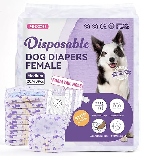 MICOOYO Pañales desechables para perras hembras, pañales para perras femeninas, pañales súper absorbentes para mascotas, pañales de espuma con