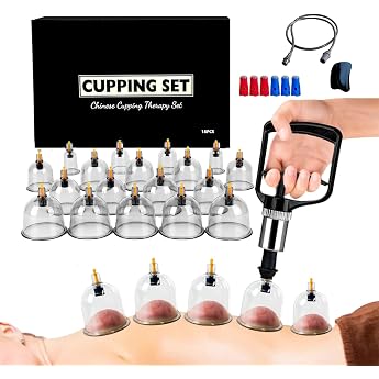 Cupping Glasses with Vacuum Pump & Therapy Magnets + Fascia Scraper Cupping 18 Pieces Against Tension & Cellulite and Lymphatic Drainage High-Quality Cupping Glass Set for Face and Body