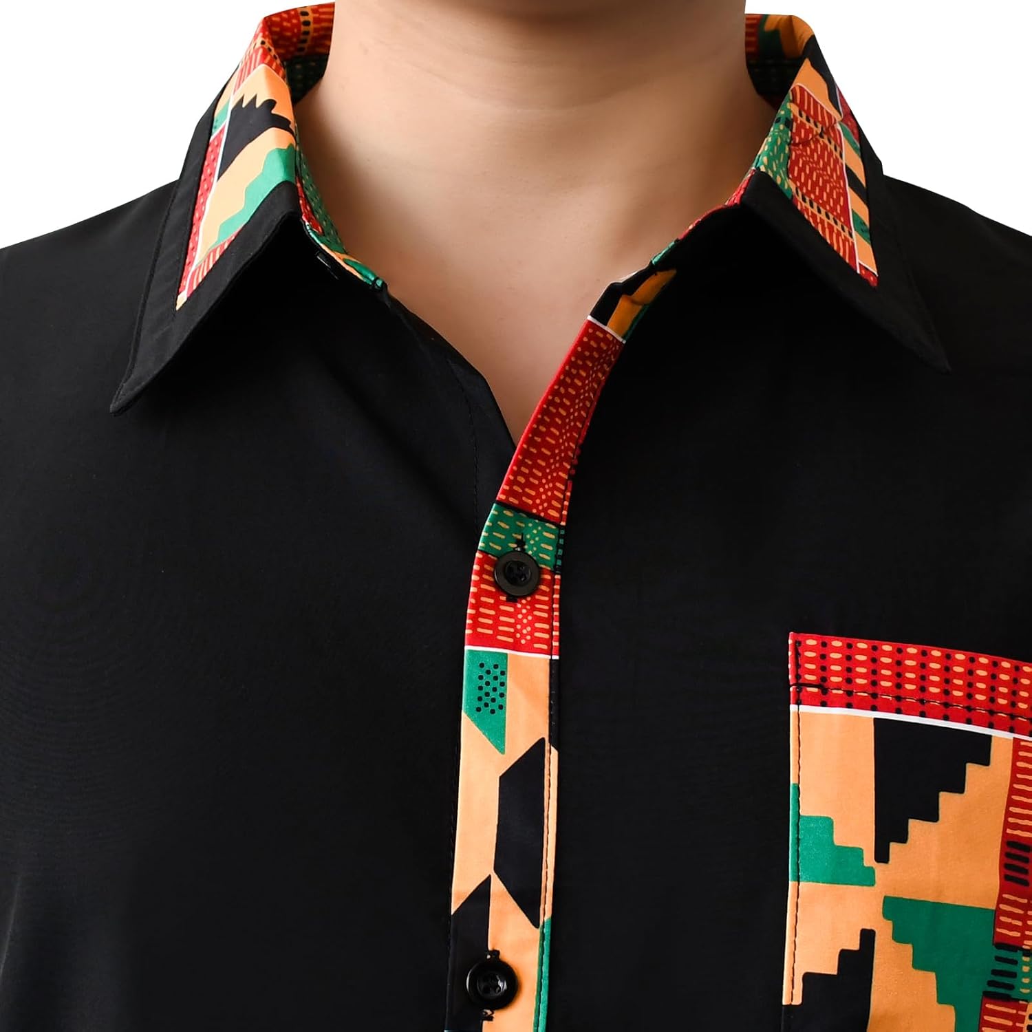 Men's Hipster African Printed Tribal Graphic Patchwork Design Short Sleeve Button up Shirt Mandarin Collar Shirts - Image 5