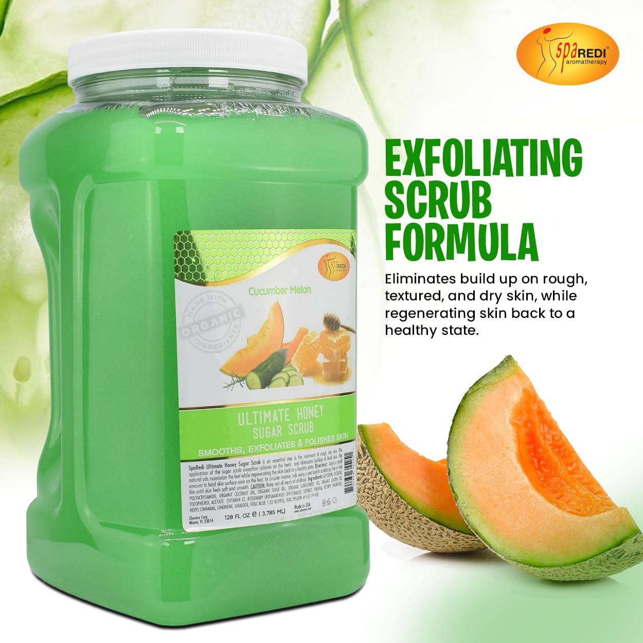 SPA REDI - Sugar Body Scrub, Honey, Cucumber Melon, 128 Oz, Exfoliating, Moisturizing, Hydrating and Nourishing, Glow, Polish, Smooth and Fresh Skin - Body Exfoliator