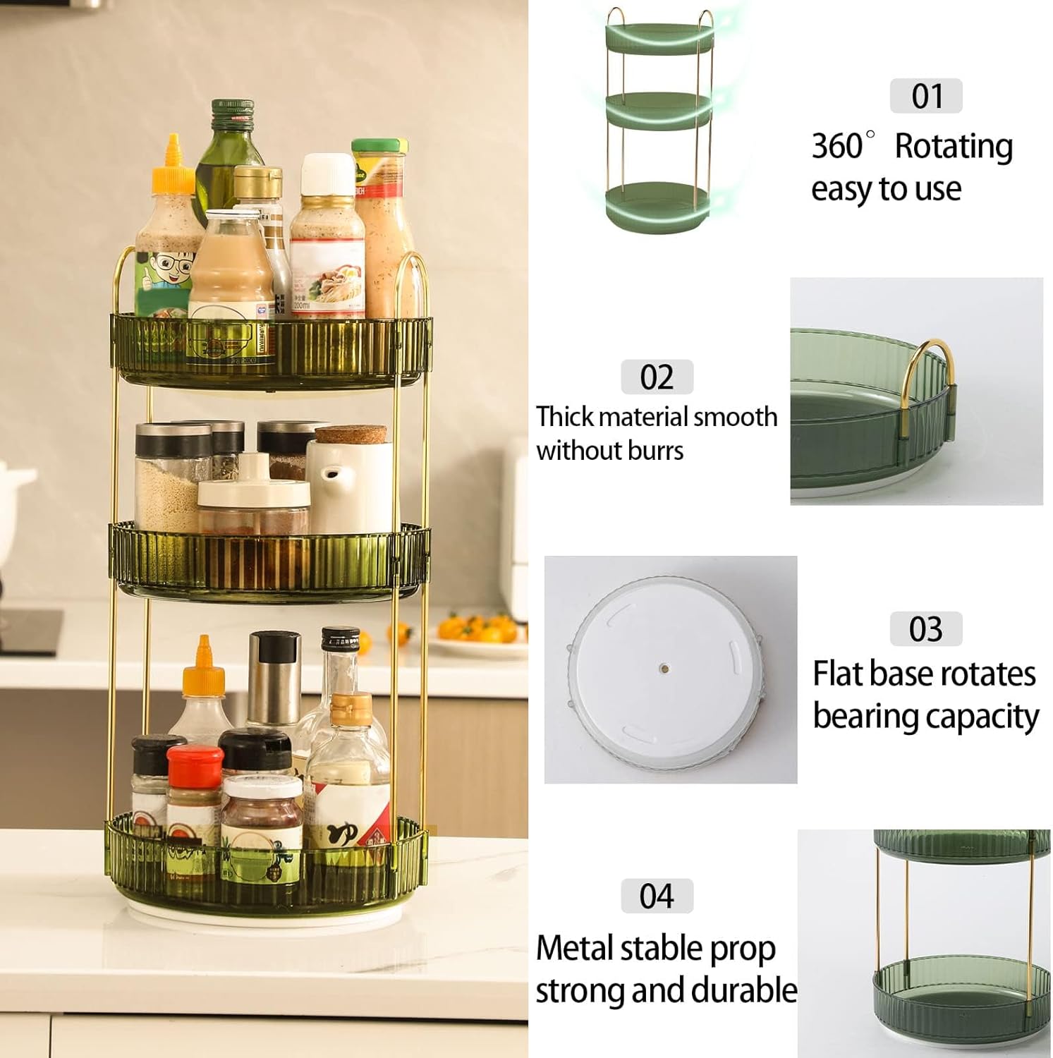 360 Rotating Makeup Organizer for Vanity, Bathroom Countertop Spinning Perfume Organizer, High-Capacity Cosmetic and Skincare Dresser Make Up Holder Rack (3 Tiers, Green) - Image 5